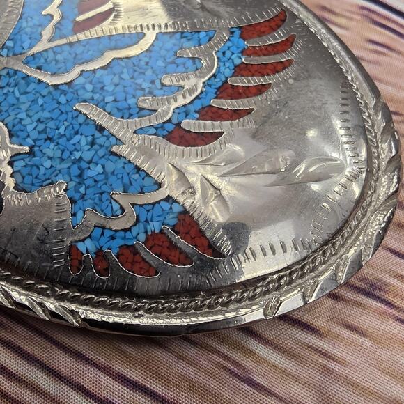 Vintage Handcrafted Inlay Belt Buckle Silver Tone Turquoise Eagle Western 3 Inch - Picture 3 of 11